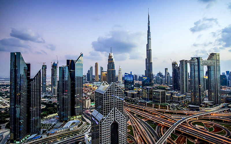 Panorama of down town Dubai modern city at night