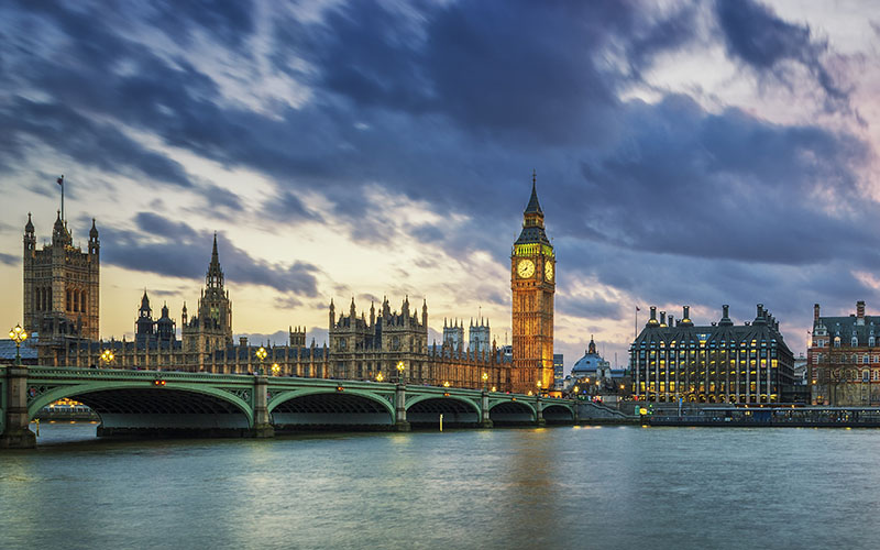 Panoramic view of Big Ben in London at sunset