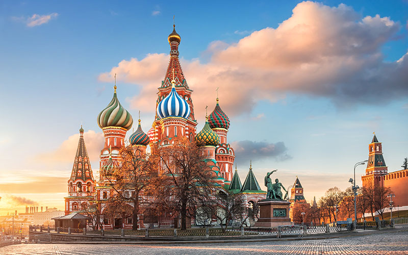 St. Basil's Cathedral on Red Square in Moscow under a blue sky